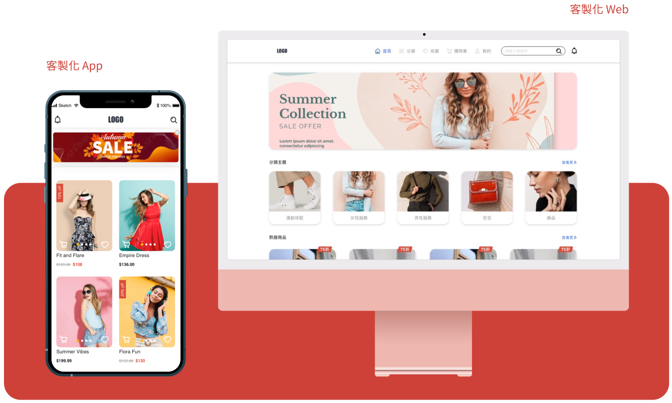 Web+App 雙系統一站式套版:客製化 App 與客製化 Web 並列展示